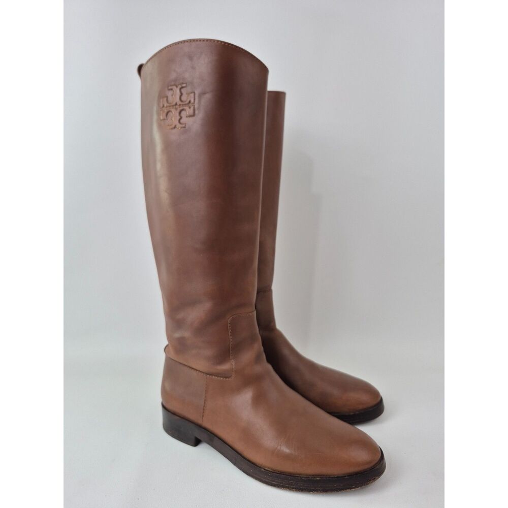 Tory Burch Women's Brown The Riding Logo Embossed Leather Knee High Boots Size 9